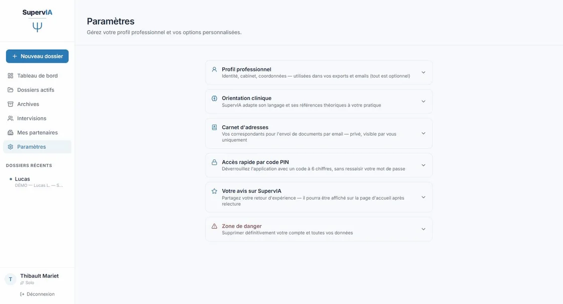 Les 6 rubriques : profil pro, orientation, carnet d'adresses, code PIN, avis, zone de danger.